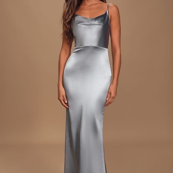 Lulu’s Pastel Blue Satin Cowl Neck Maxi Dress - Picture 3 of 12